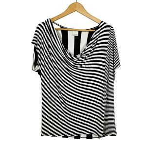 Ella Moss Scoop Neck Draped Tunic Top Jersey Stripe Black White - M